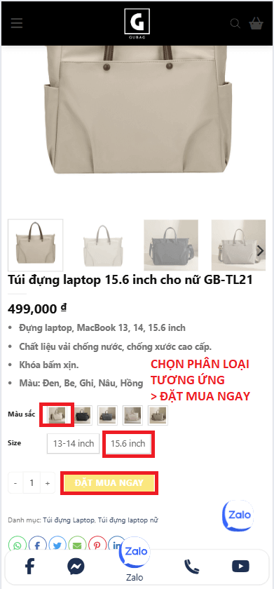 Lựa chọn màu sắc và kích thước của sản phẩm