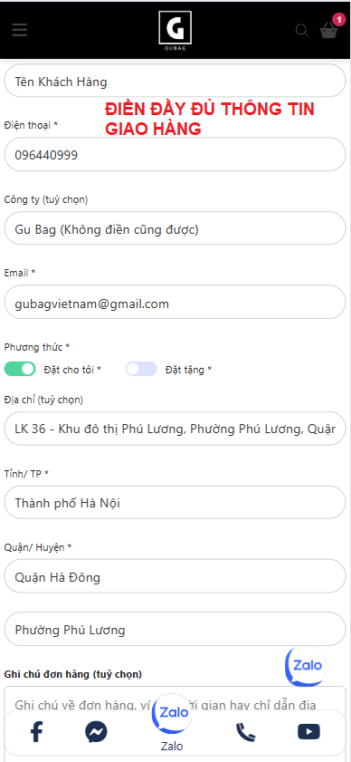 Điền đầy đủ thông tin giao hàng gồm địa chỉ, số điện thoại, email