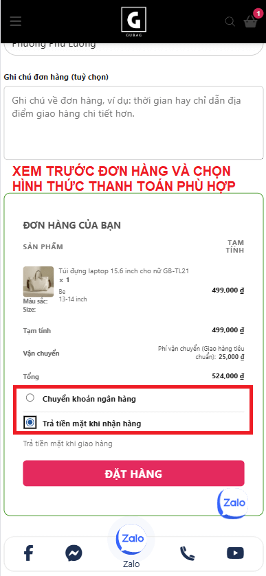 Xem trước đơn hàng và lựa chọn hình thức thanh toán phù hợp