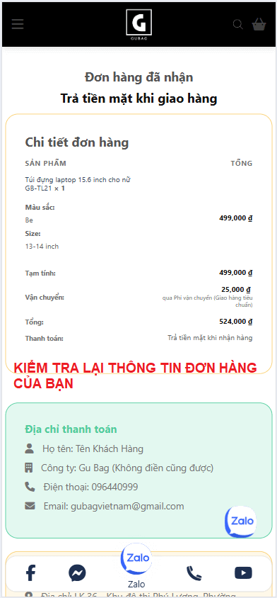 Sau khi đặt hàng thành công, bạn kiểm tra lại thông tin đơn hàng xem đã chính xác chưa